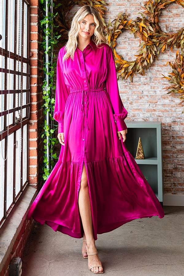 Satin Collared Long Sleeve Maxi