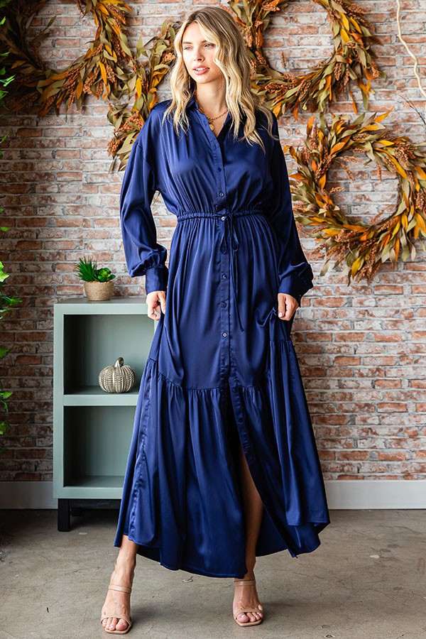 Satin Collared Long Sleeve Maxi