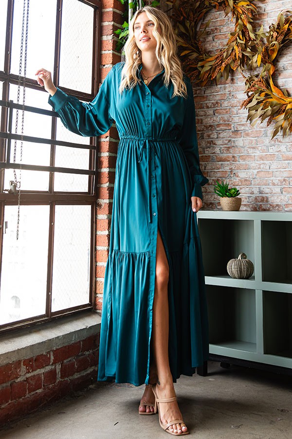 Satin Collared Long Sleeve Maxi