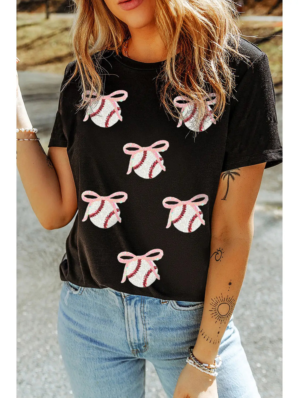 Shimmering Sequin Bow Ball Patterned Game Day Tee