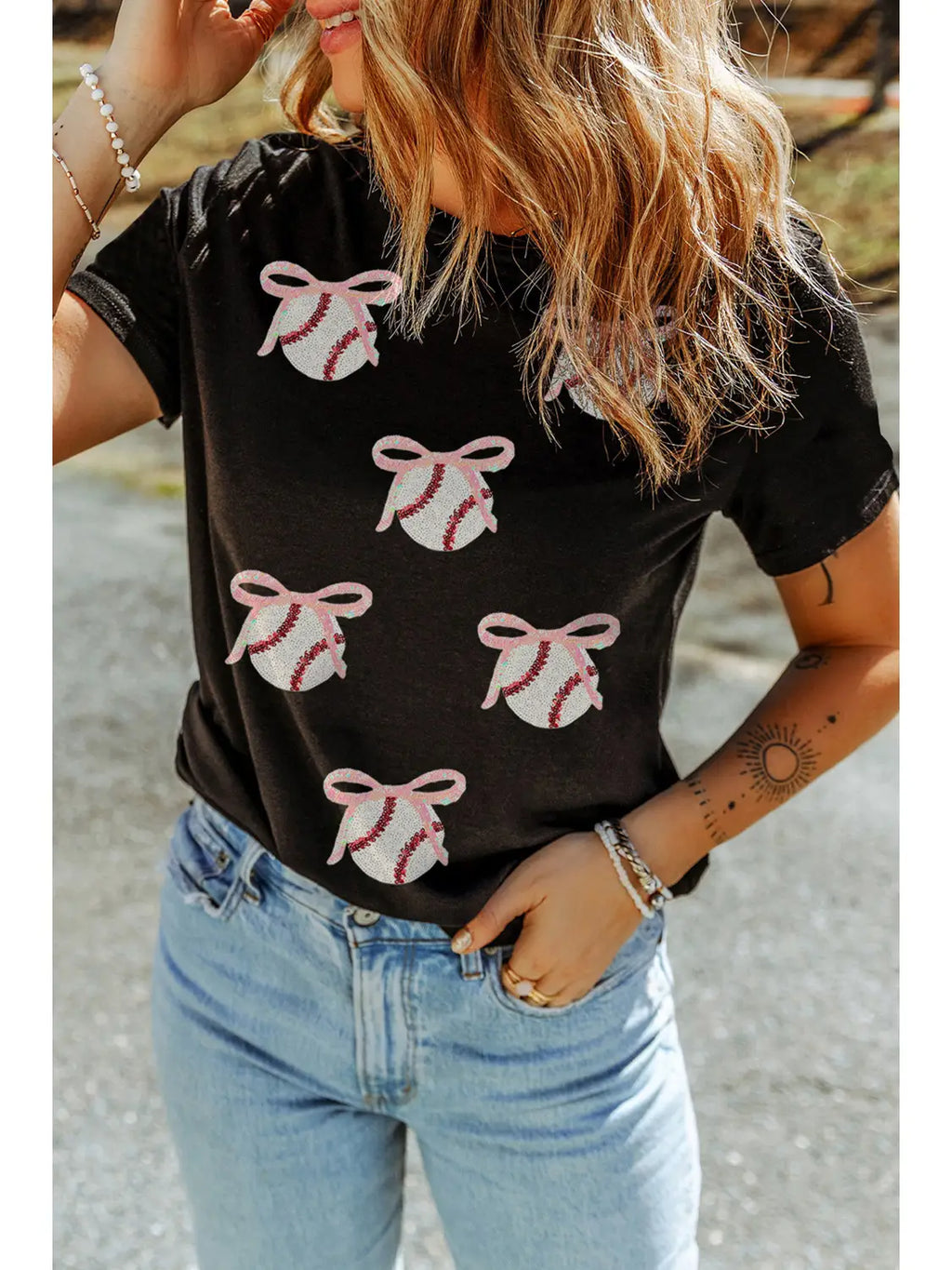 Shimmering Sequin Bow Ball Patterned Game Day Tee