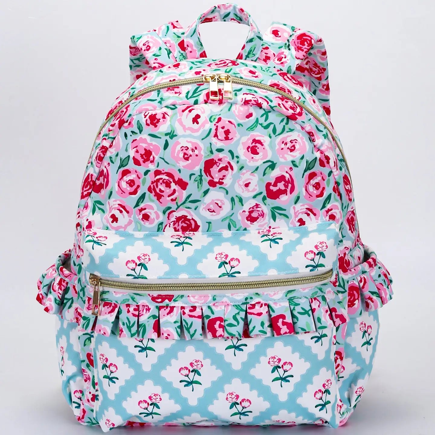 Pink Checkered Ruffle Flower Printed Backpack