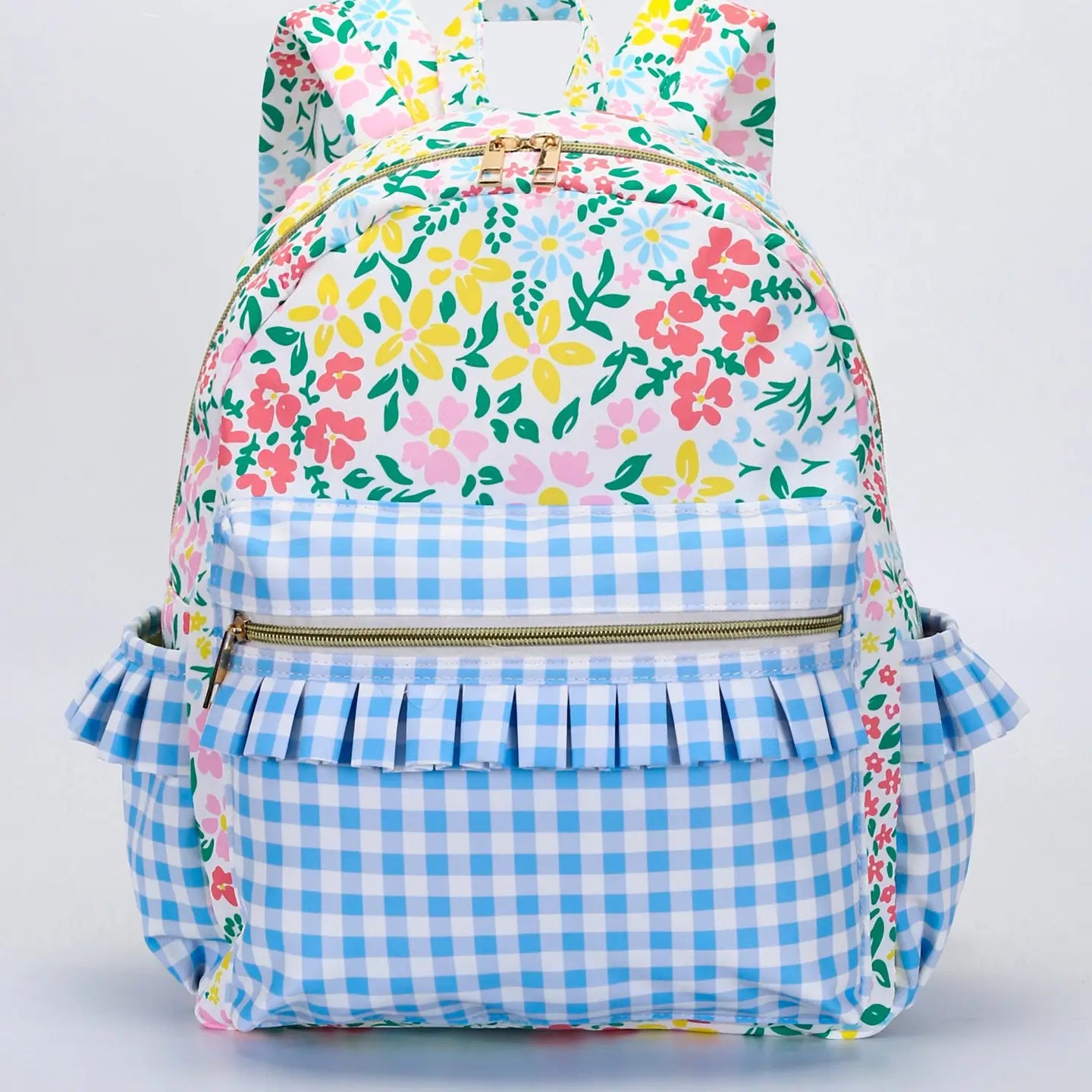 Pink Checkered Ruffle Flower Printed Backpack
