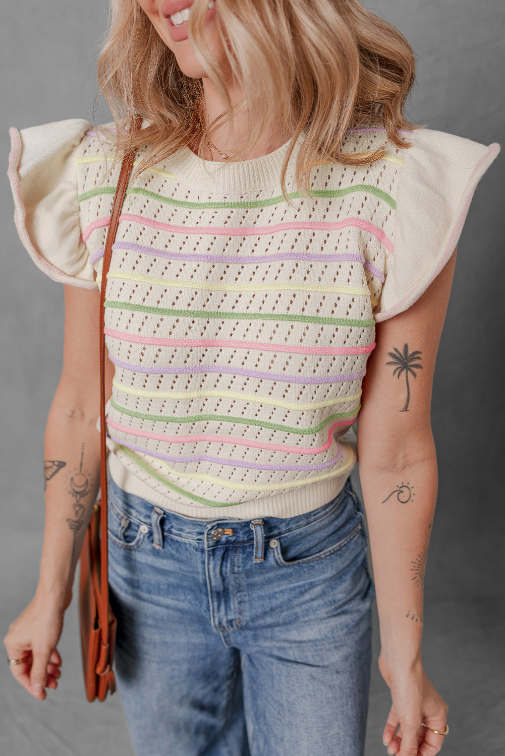 Green Colorful Striped Eyelet Knit Ruffled Sleeve Sweater T Shirt