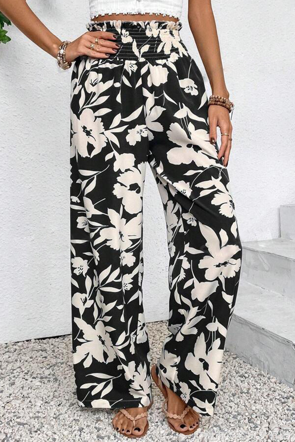 Khaki Floral Print Smocked High Waist Wide Leg Pants