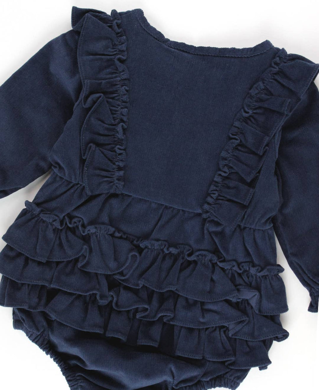 Baby Girls Dark Navy Stretch Corduroy Waterfall Bubble Romper: Blue