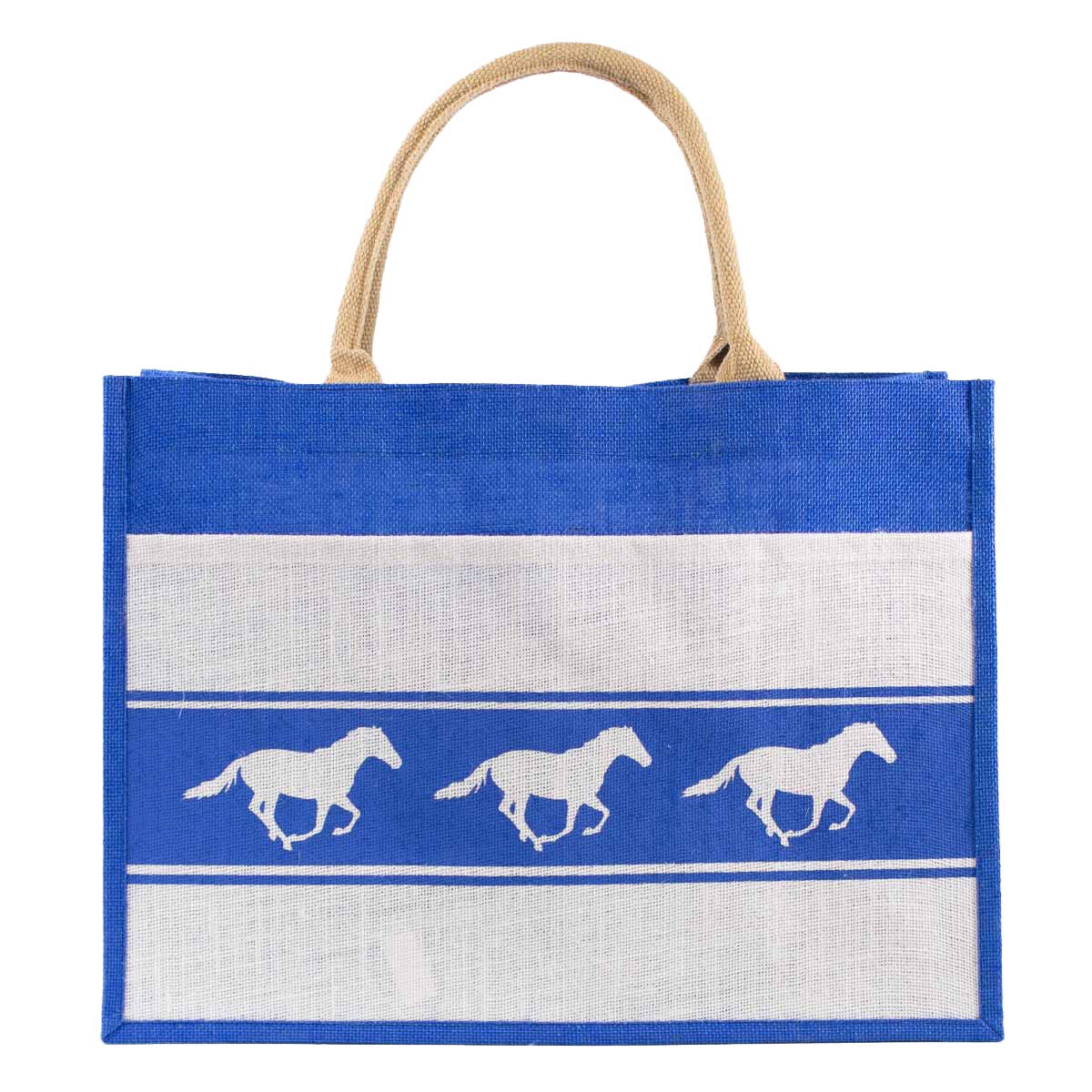 Horse Jute Pocket Tote   Blue/White   19x14x7.5