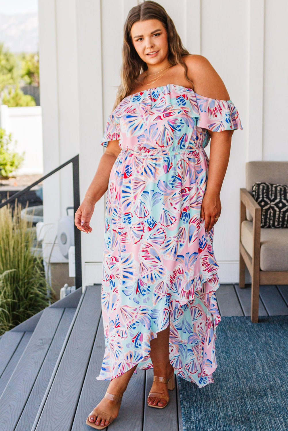Pink Sea Shell Print Ruffled Sleeve Plus Size Maxi Dress – Adorabella Boutique