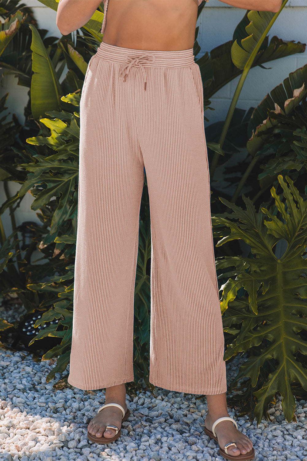 Bright Pink Solid Corded Knit Short Sleeve T Shirt and Wide Leg Pants Set