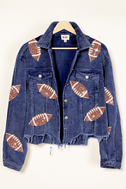Vintage Washed Football Sequin Bling Corduroy Jacket