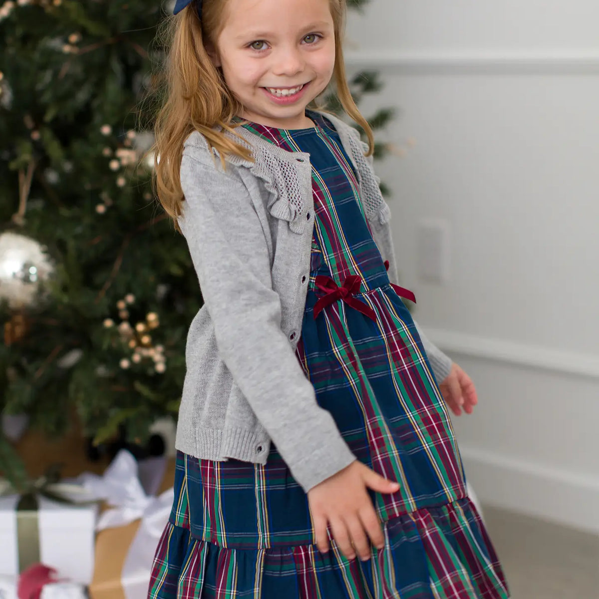 Girls Winter Nights Plaid Ruffle Bow Dress