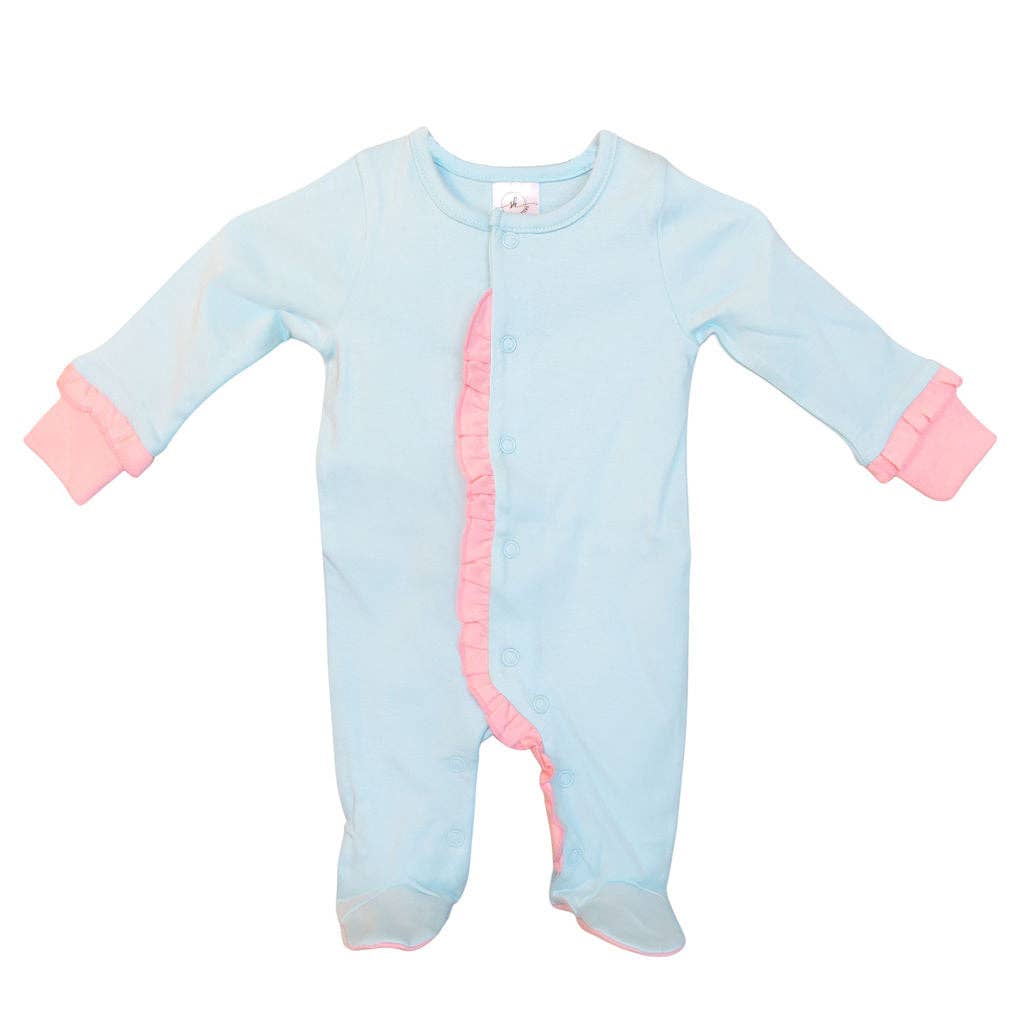 Ruffle Footie: Mint w/Pink Ruffle / 3-6M