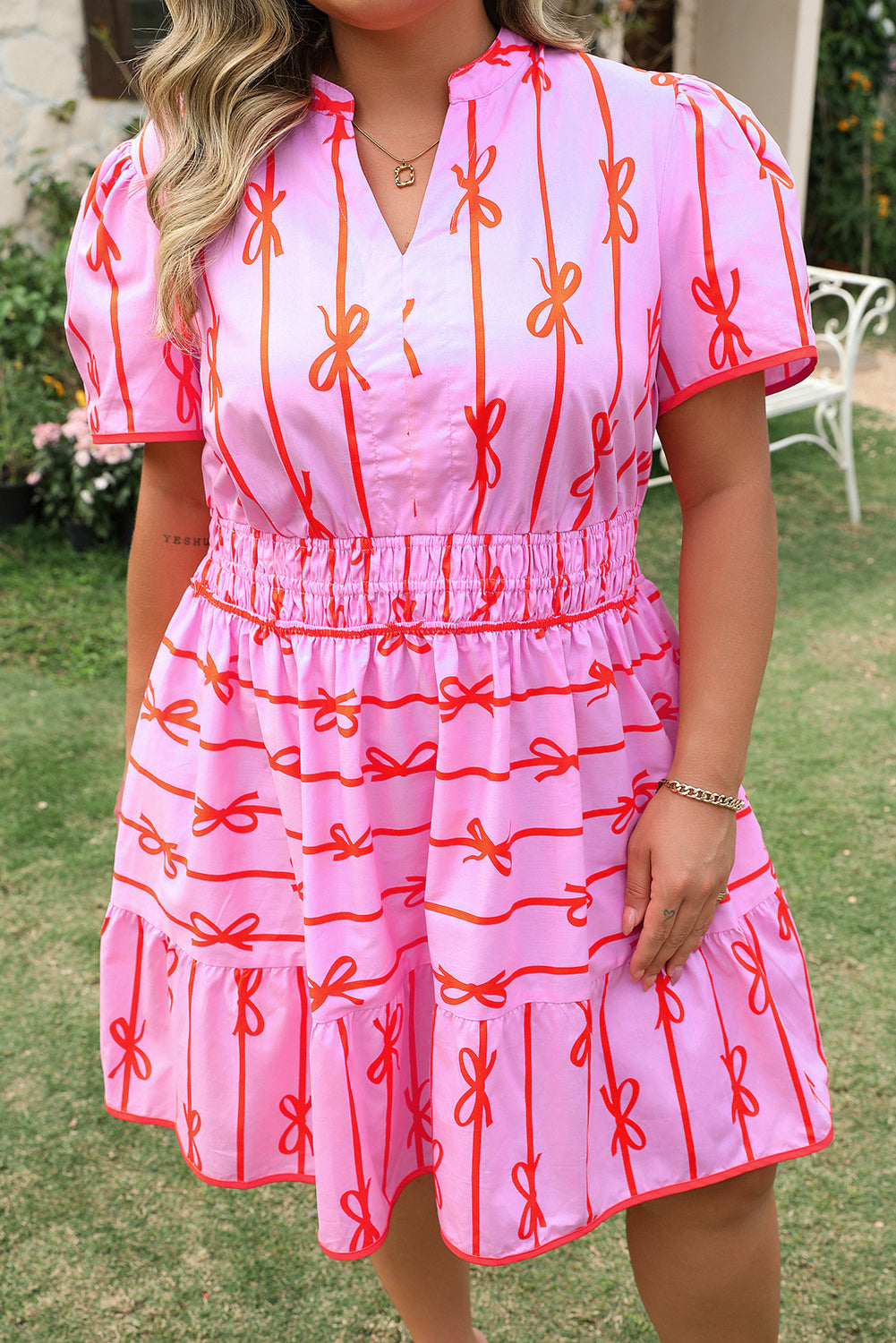 Rose Bow Tastic Clinched Waist Ruffled Plus Size Dress