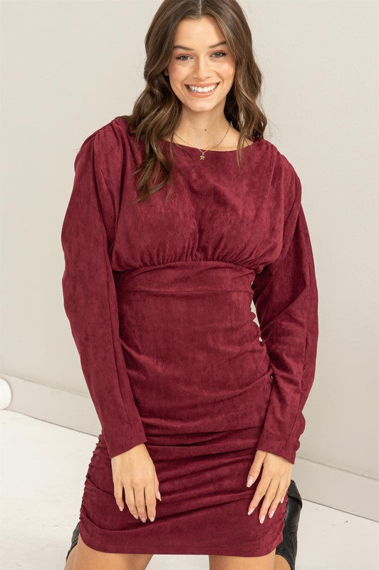 RUCHED FAUX SUEDE MINI DRESS