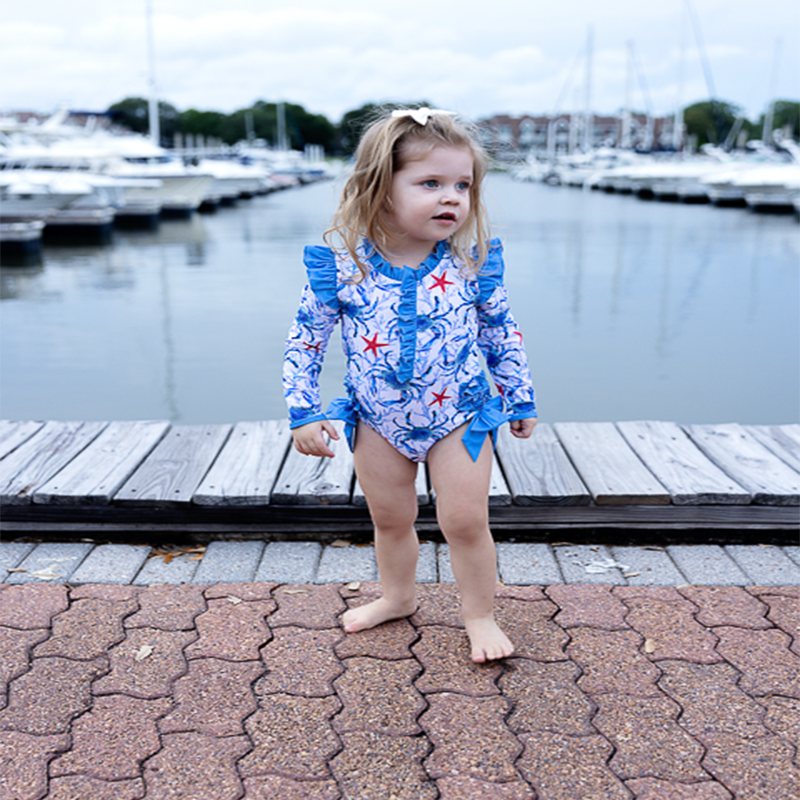 Girl's American Blue Crab Long Sleeve Swim Suit Pre-Order SHIPS MID JUNE