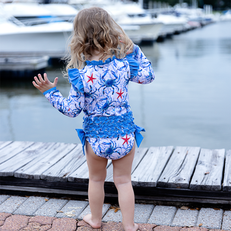 Girl's American Blue Crab Long Sleeve Swim Suit Pre-Order SHIPS MID JUNE
