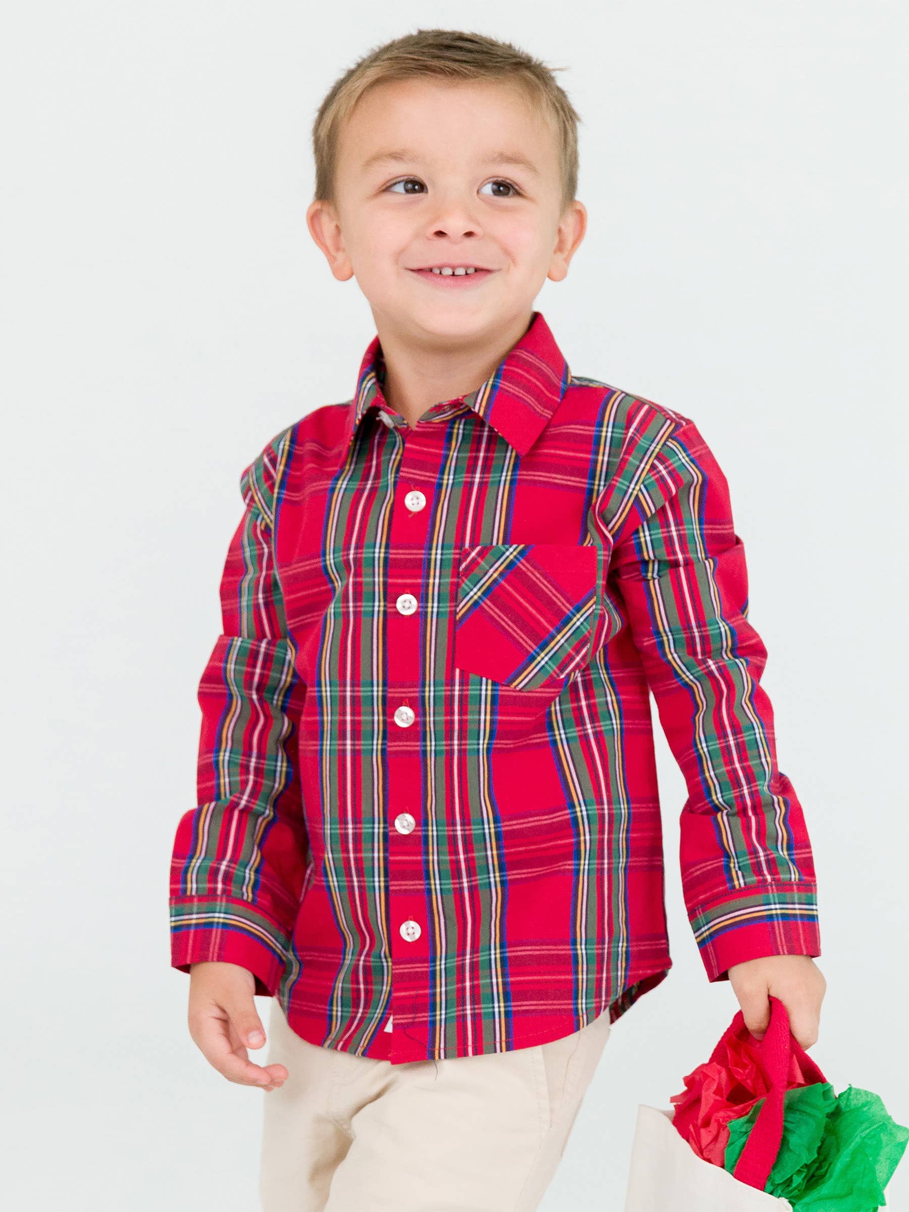 Red Boys Tis The Season Plaid Long Sleeve Button Down Shirt