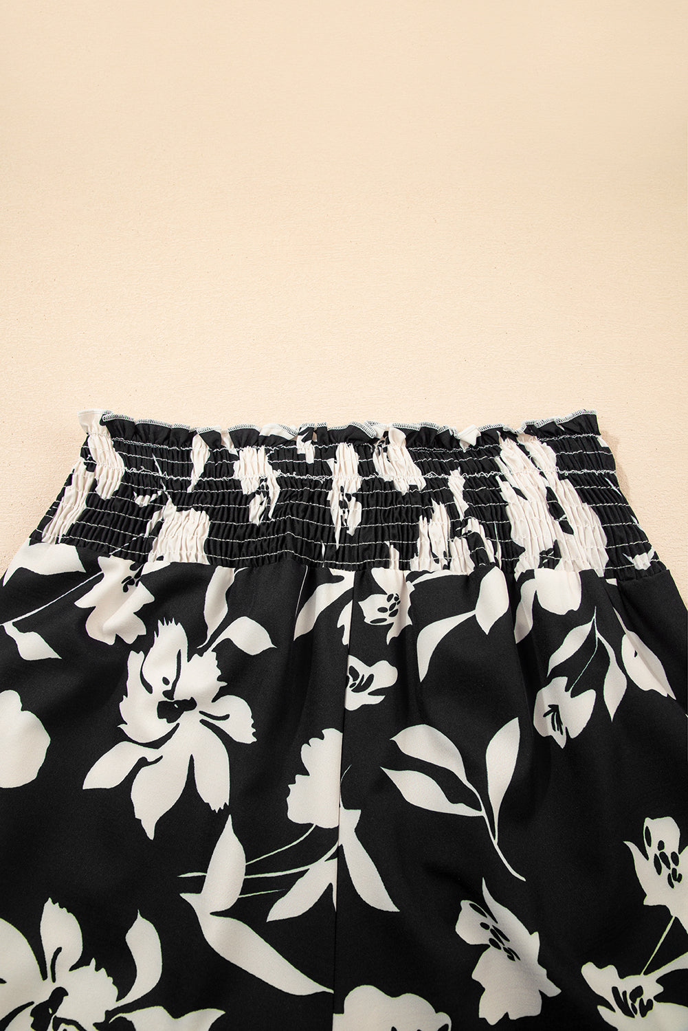 Khaki Floral Print Smocked High Waist Wide Leg Pants