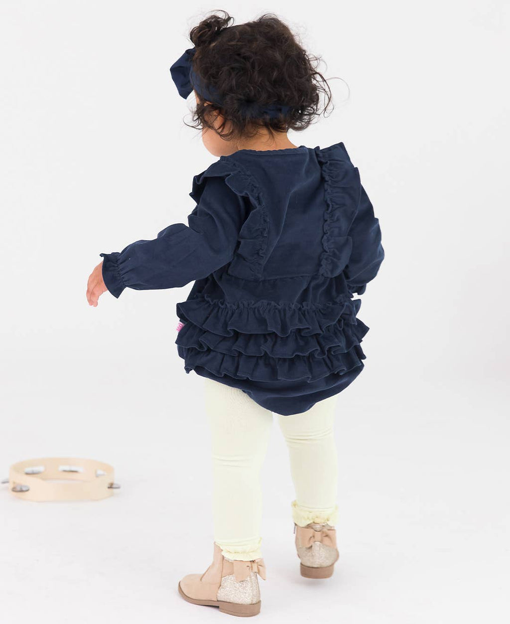 Baby Girls Dark Navy Stretch Corduroy Waterfall Bubble Romper: Blue