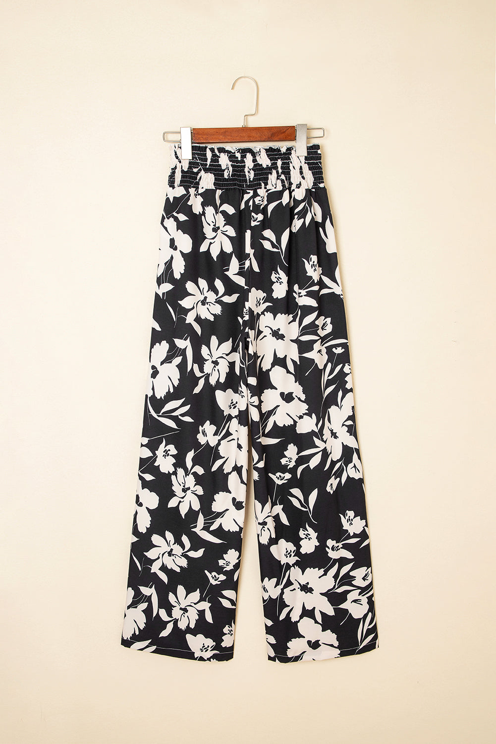Khaki Floral Print Smocked High Waist Wide Leg Pants