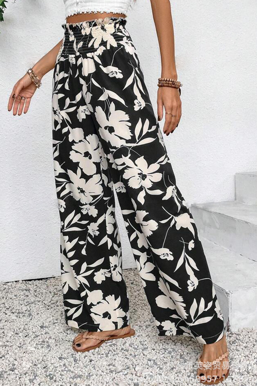 Khaki Floral Print Smocked High Waist Wide Leg Pants