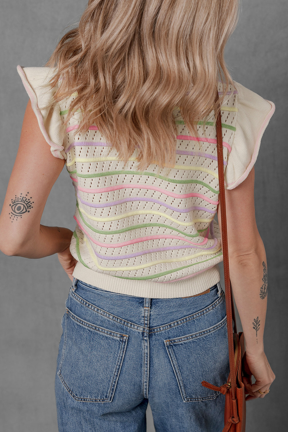 Green Colorful Striped Eyelet Knit Ruffled Sleeve Sweater T Shirt