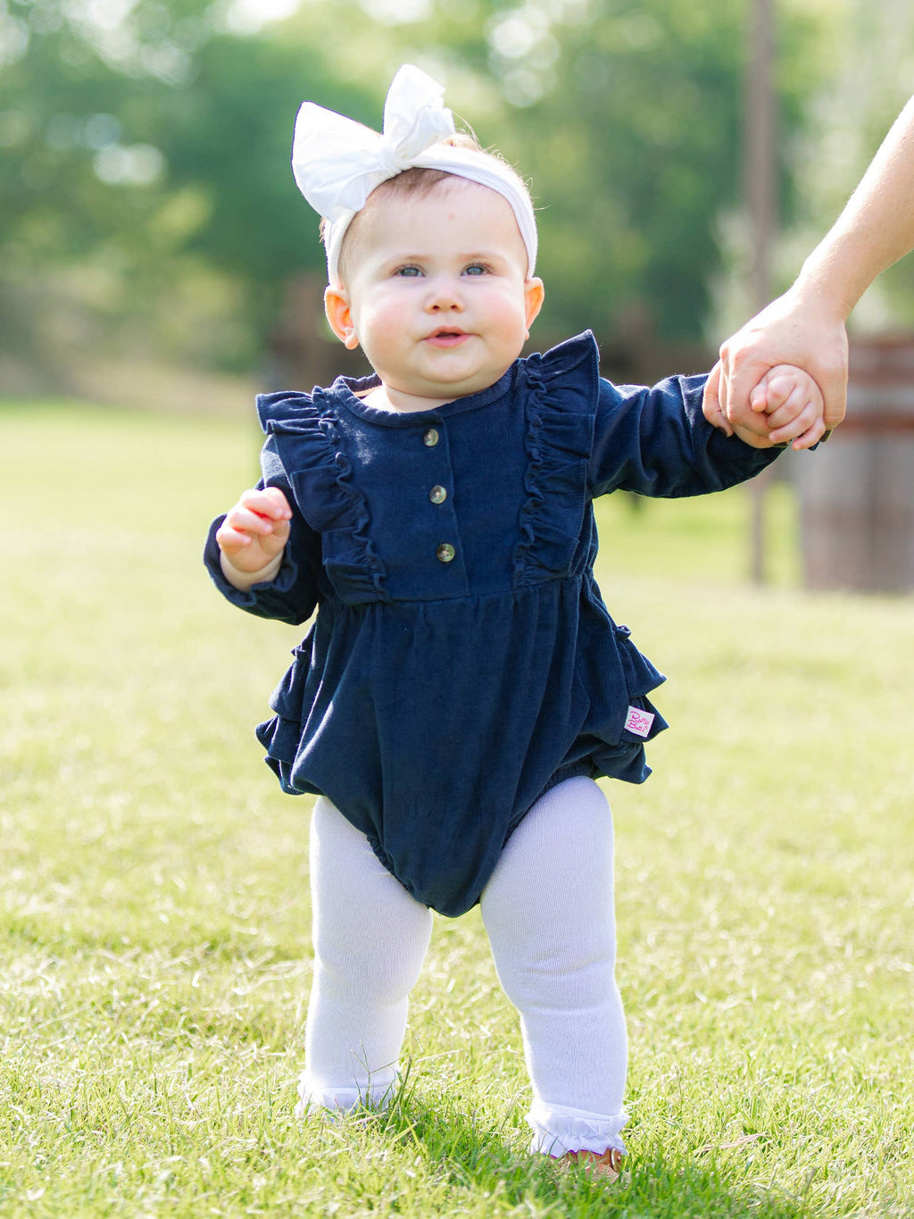Baby Girls Dark Navy Stretch Corduroy Waterfall Bubble Romper: Blue