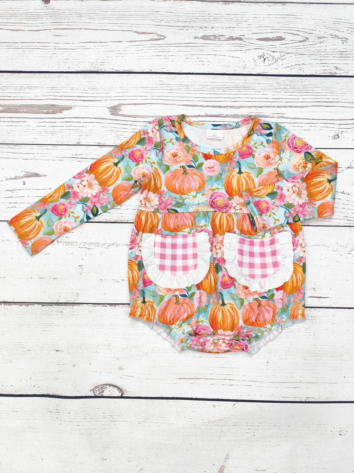 Baby Flower Pumpkin Bubble With Checkered Pockets: 0-3M