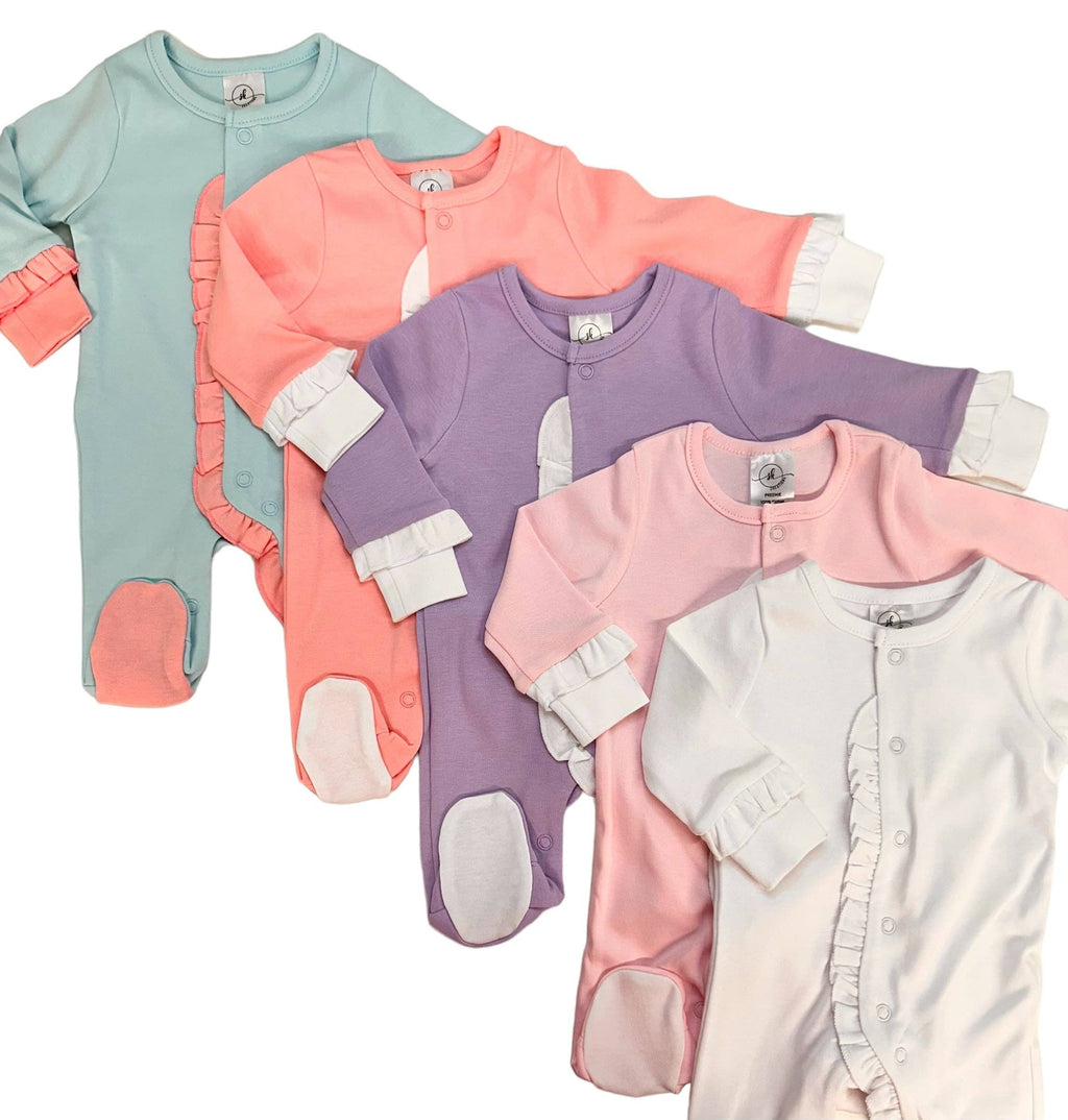Ruffle Footie: Mint w/Pink Ruffle / 3-6M