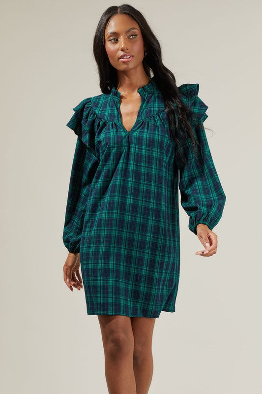 Holiday Favorite Plaid Ruffle Sleeve Dress