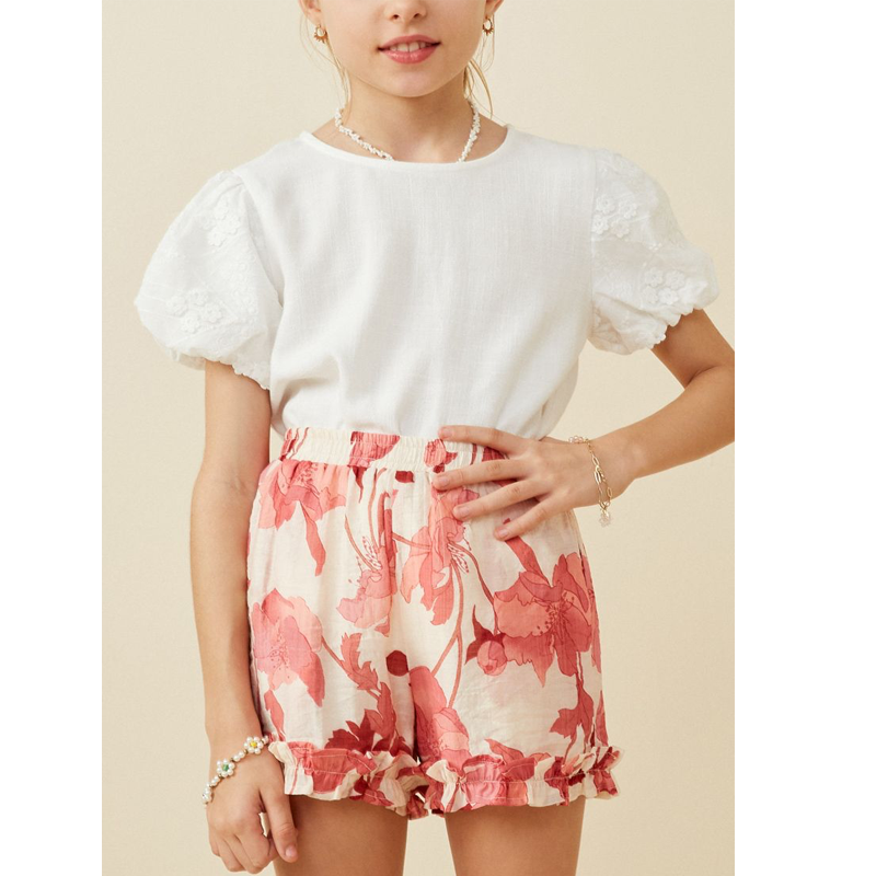 Girls Textured Floral Print Ruffle Detailed Shorts
